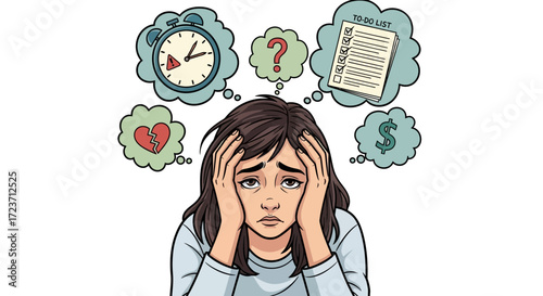 Anxious young woman overwhelmed by life's pressures time, finance, and emotional stress illustration