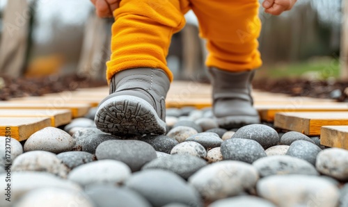 A toddler's first steps are captured, showcasing tiny boots stepping on stones and wooden planks outdoors, creating a scene of early development.