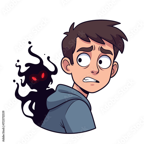 A scared young man looking over his shoulder at a dark, shadowy monster with glowing red eyes