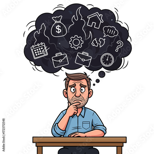 A Man Sits at a Desk Thinking Hard About His Financial Worries and Daily Stresses