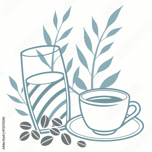 Illustration of a glass of water and a cup of coffee