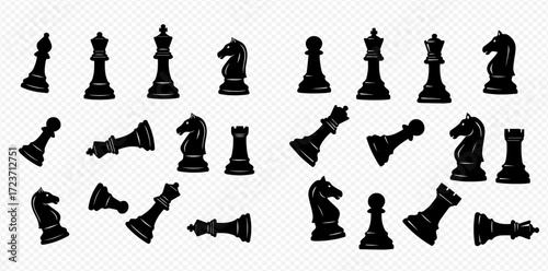 A collection of black chess pieces, including pawns, knights, bishops, rooks, queens, and kings, arranged in two groups.