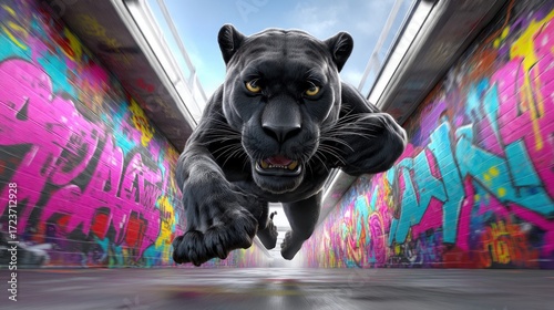 A striking black panther leaps forward through an urban alley, vibrant graffiti art covers the walls adding a dynamic backdrop.