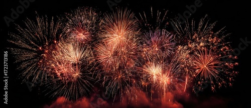 Ethereal Fireworks Display - Crimson and Gold Burst Against Night.