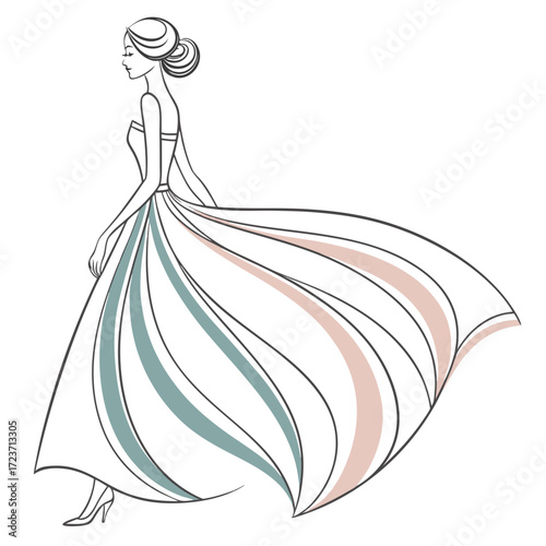 Elegant woman in a flowing dress, side view pose