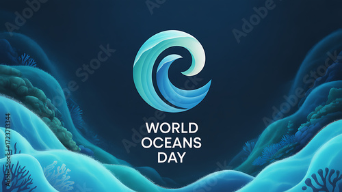 Fototapeta Naklejka Na Ścianę i Meble -  World Oceans Day illustration featuring a stylized wave logo and underwater scenery with coral and ocean currents