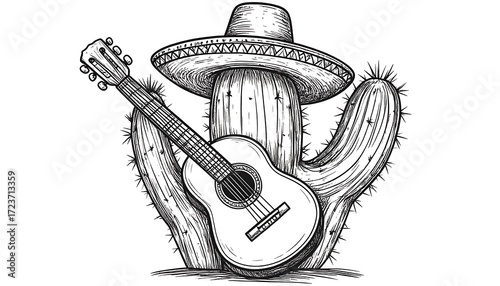 Cactus with sombrero and guitar