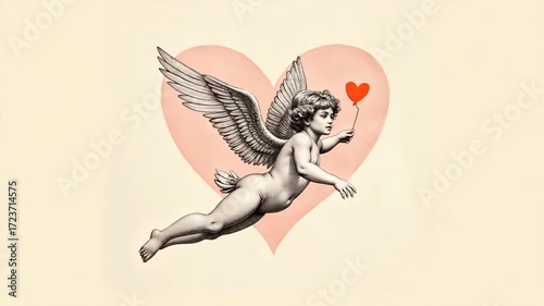 Cherubic angel flying with heart on pastel pink background for Saint Valentines Day  