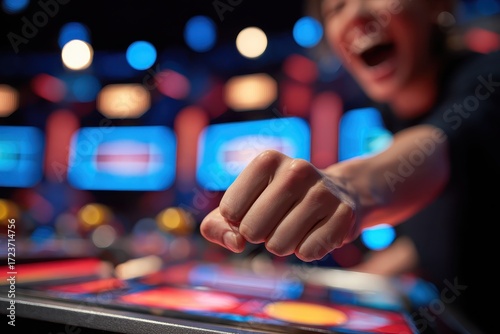 Excited Game Show Contestant Presses Buzzer in Thrilling Competition.
