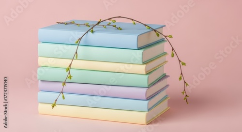 Gentle spring branch with fresh green buds rests atop a pastel stack of books