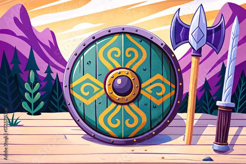 Detailed engraved vector illustration of a Viking shield and axe. Perfect for historical designs, medieval themes, Nordic artwork, retro prints, and heritage-inspired graphic projects