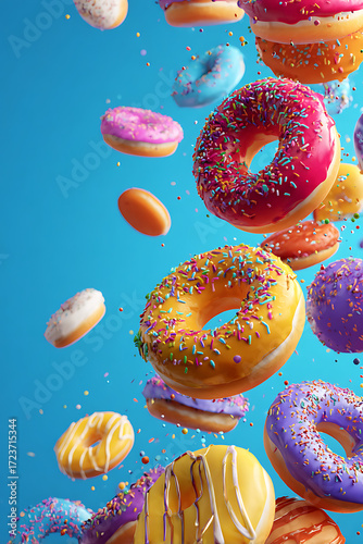 Colorful donuts with sprinkles floating against a vibrant blue background, creating a playful atmosphere