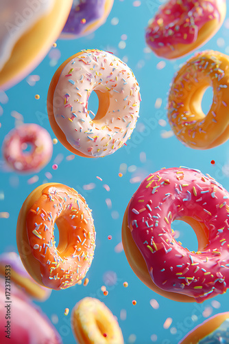 Colorful donuts with sprinkles floating against a vibrant blue background, creating a festive atmosphere