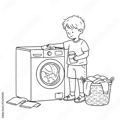 Boy putting laundry into washing machine outline