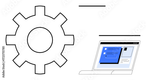 Simplified gear icon beside a laptop screen displaying organized content. Ideal for technology, productivity, workflow, settings, operation, system, efficiency themes. Minimalist flat metaphor