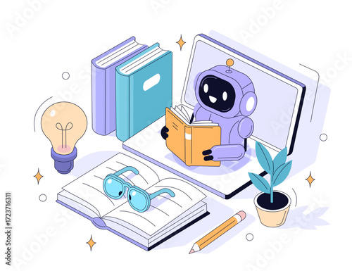 Robot reading a book near laptop. Educational technology, machine learning, innovation and knowledge concept. Vector isometric illustration. 