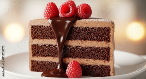 Decadent chocolate cake slice adorned with fresh raspberries and rich ganache