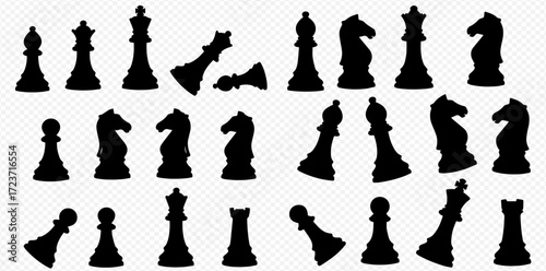 Silhouetted chess pieces, including pawns, rooks, knights, bishops, queens, and kings, are arranged in rows against a transparent background.