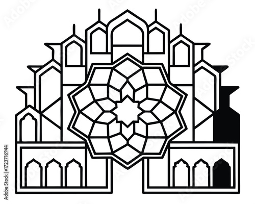 Intricate geometric mughal wall pattern outline design for architectural and decorative applications