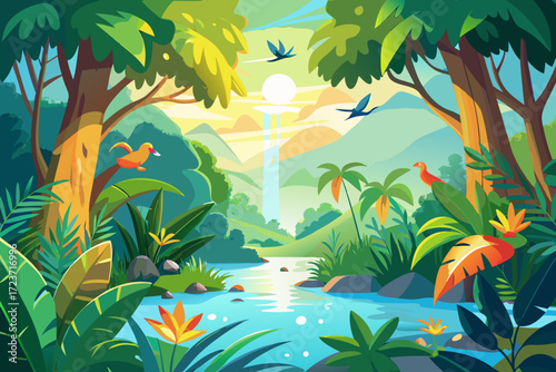 Enchanting jungle landscape with vibrant flora, flowing river, and exotic birds, perfect for travel posters, nature documentaries, and eco-tourism promotions