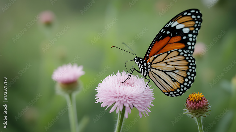 Fototapeta premium Monarch butterfly perched on a pink flower in a natural garden setting