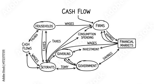 Diagram illustrating cash flow between firms, households, government and markets.