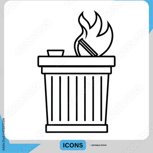 Burning Trash Can Flaming Trash Bin with Cup Crisis Line Icon 