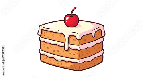 Cartoon Layered Cake with Creamy Frosting and Red Cherry