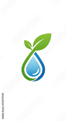 Green leaves sprout from a blue water drop, symbolizing growth and purity.