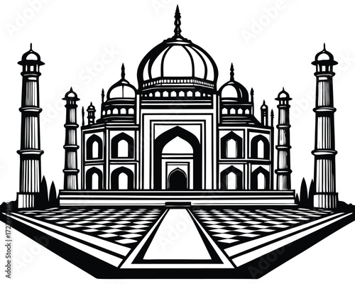 Intricate black and white line art of a grand mughal palace architectural design