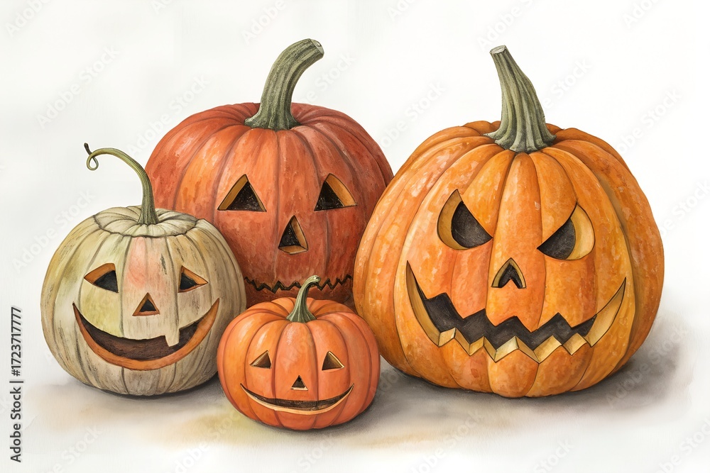 Fototapeta premium Four Carved Halloween Pumpkins Jack-o- Lanterns with Spooky and Happy Faces jack-o-lantern