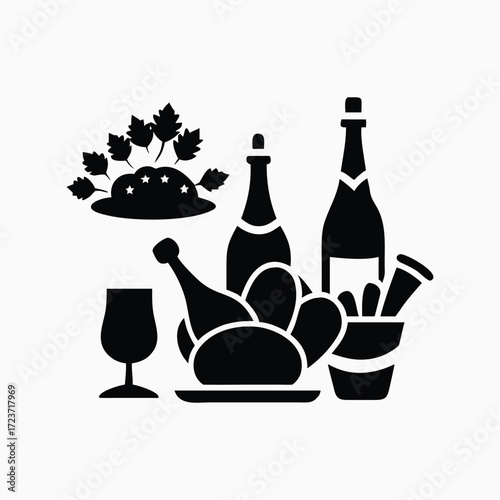 Editable Vector Silhouettes of Holiday Feast Including Drinks, Desserts, and Main Courses in Black and White