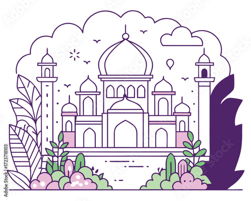 Intricate mughal inspired jungle scenery outline with lush foliage and architectural elements