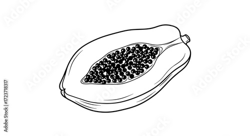 Sliced Papaya Illustration with Seeds and Simple Black Outlines