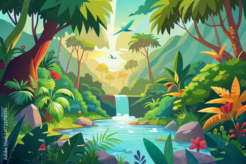 Tropical jungle paradise with a serene waterfall and exotic birds, perfect for travel posters or vibrant nature illustrations, originally a scalable vector graphic