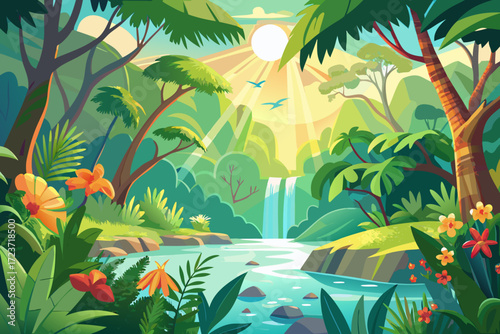 Lush tropical paradise illustration with vibrant rainforest, waterfall, and sunlit river perfect for nature lovers and adventure seekers, originally scalable vector