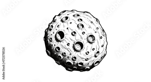 Detailed Ink Sketch of a Cratered Moon or Asteroid