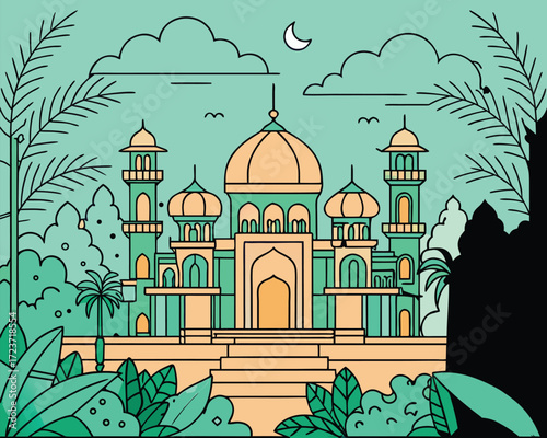 Intricate mughal inspired jungle landscape outline with exotic flora and fauna elements