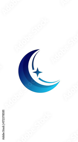 Stylized crescent moon with a shining star in a gradient of deep blue to light blue