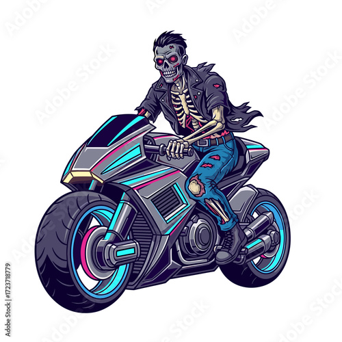 A stylized zombie biker rides a futuristic motorcycle.