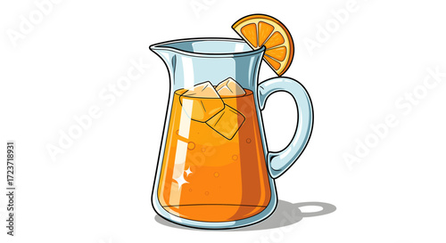 Refreshing cartoon-style orange juice pitcher with ice and citrus slice.
