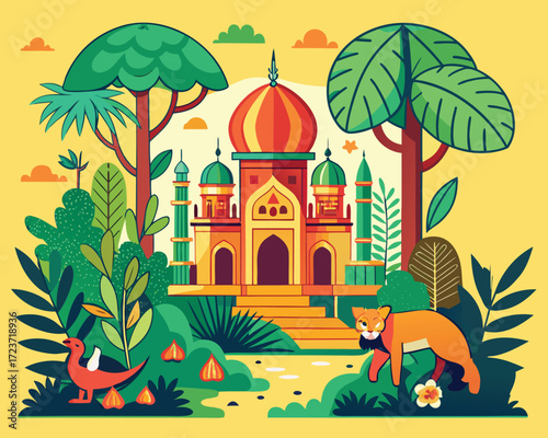 Intricate mughal inspired jungle landscape with detailed flora and fauna outlines
