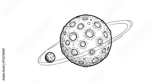 Sketch of planet with rings and satellite on white backdrop.