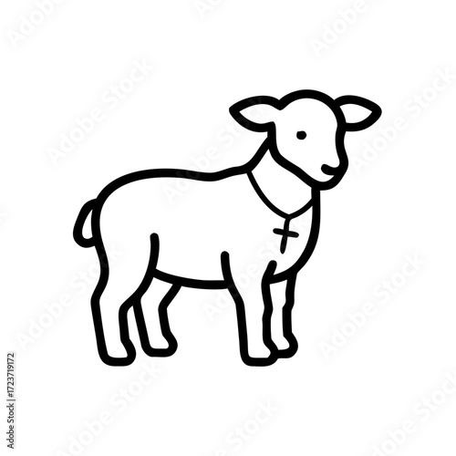Lamb with a cross necklace in minimalist line art style  