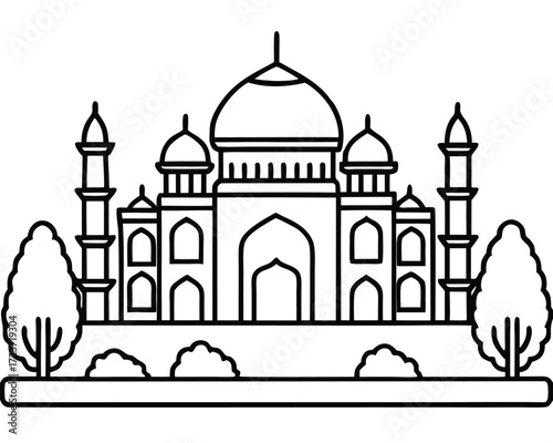 Elegant mughal palace architecture outline with traditional indian scenery elements