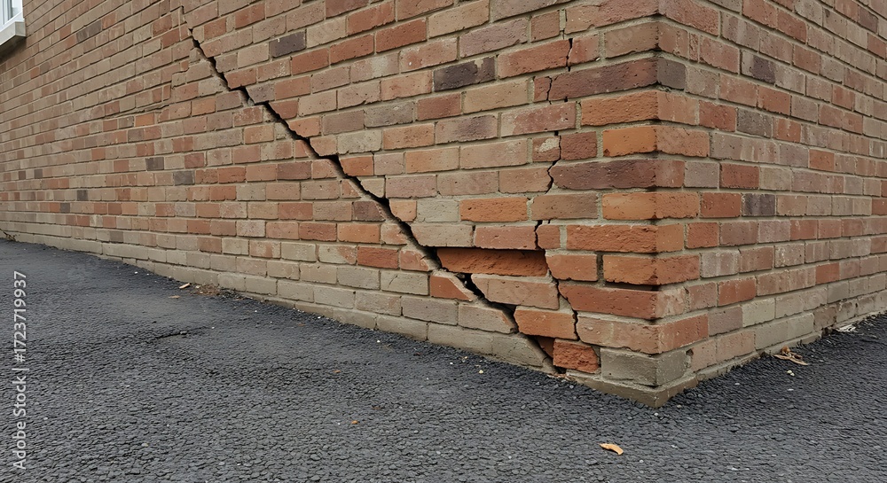 Fototapeta premium Crack in the brick wall due to a foundation problem, settling of the house