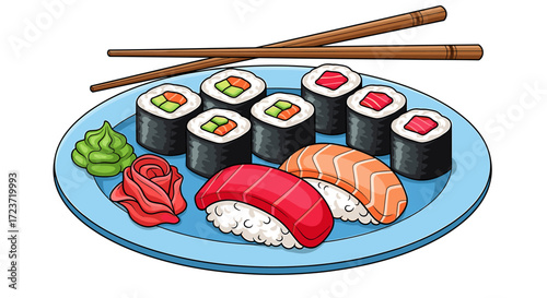 Colorful Cartoon Sushi Plate with Wasabi and Ginger Illustration