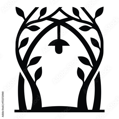 Black silhouette of an arched gateway with hanging lamp and leaves