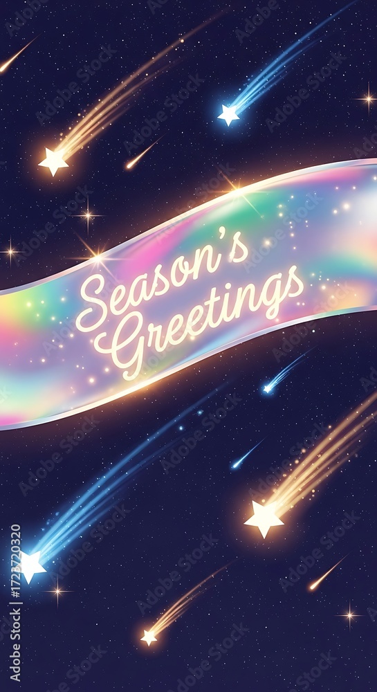 Fototapeta premium Seasons greetings message on a rainbow banner with shooting stars and glowing trails against a dark blue starry night sky backdrop