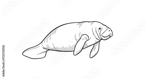 Manatee Illustration: Detailed Monochrome Drawing Against White Background